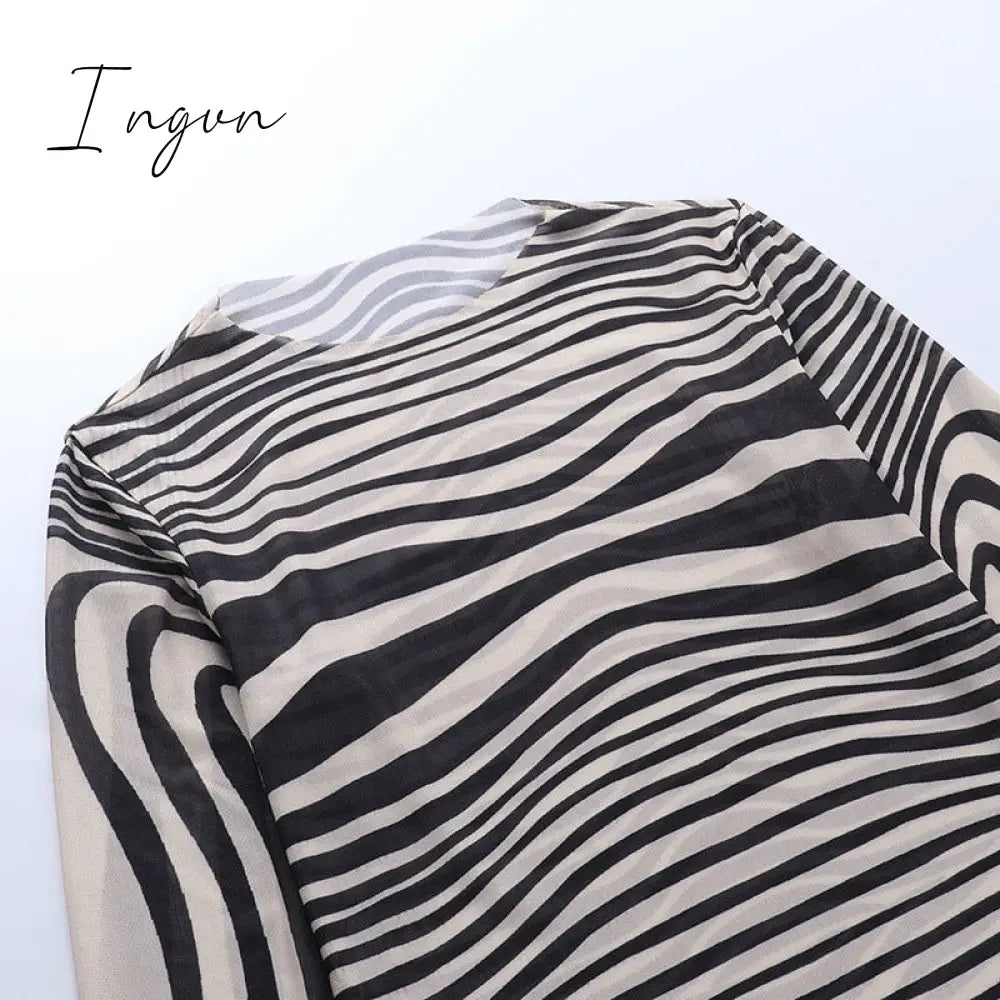Ingvn - Autumn Mesh Zebra Striped Sets Women 2 Piece Suit T-shirt + Long Pants See-through Sexy Co-ord Set Female Tracksuit Costume