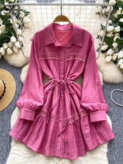 Gentle Korean Shirt Dress Female Single Breasted Lace Spliced Fashion Long Sleeve Women A Line Solid Autumn Chic Dress