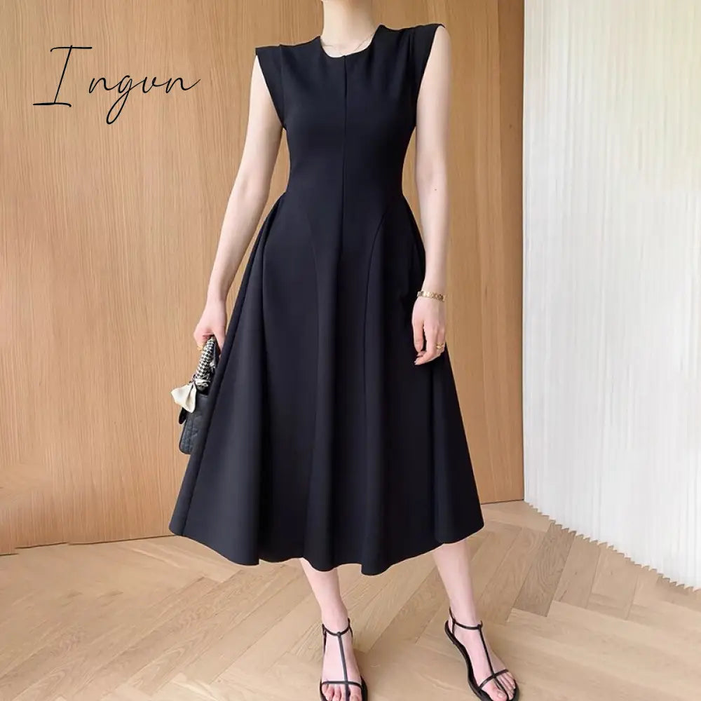 Ingvn - Sleeveless Summer Party Dress Women O-Neck High Waist Long Midi Dress Elegant A-Line Cotton Office Lady Hepburn Korean