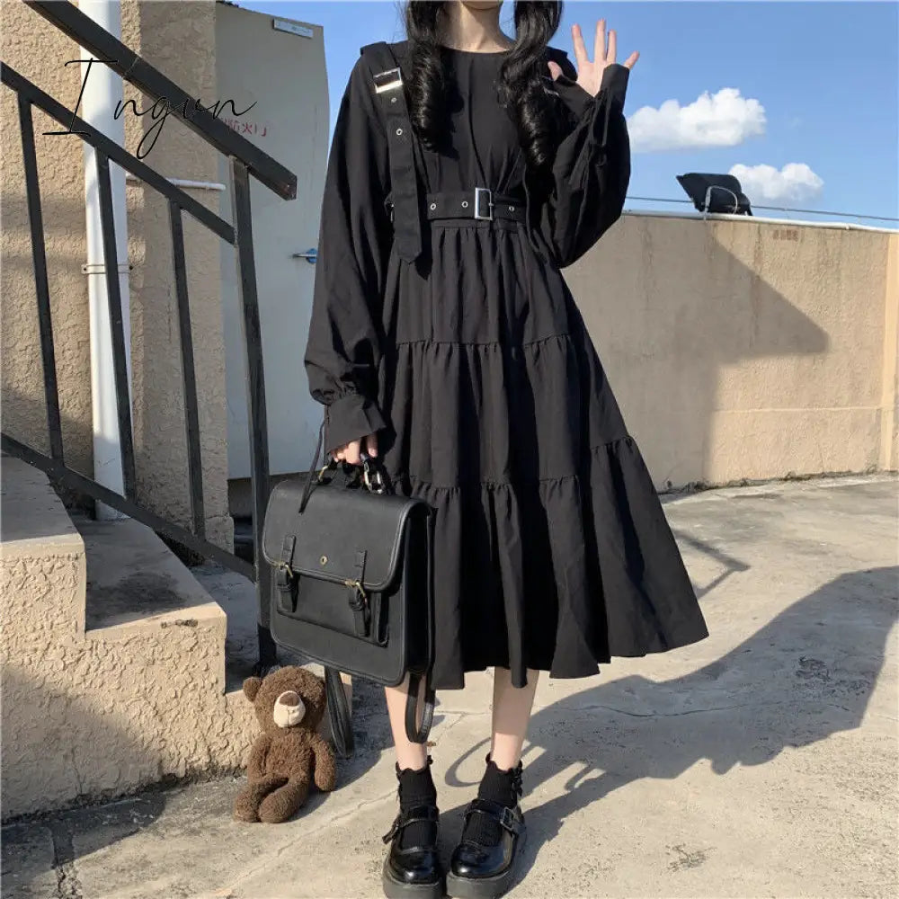 Ingvn - Gothic Style Dress Women Harajuku Gothic Lolita Kawaii Dress Punk Cute Long Sleeve Black Midi Dress Emo Mall Goth