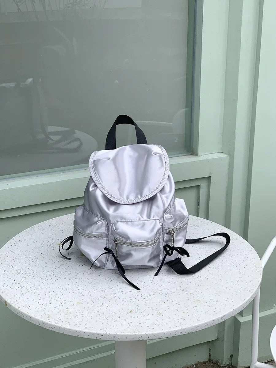 Ingvn  Nylon Pearly Light Quality Women's Backpack Casual Preppy Backpack Style Bow Elegant Travel Outdoor Double Shoulder Backpack