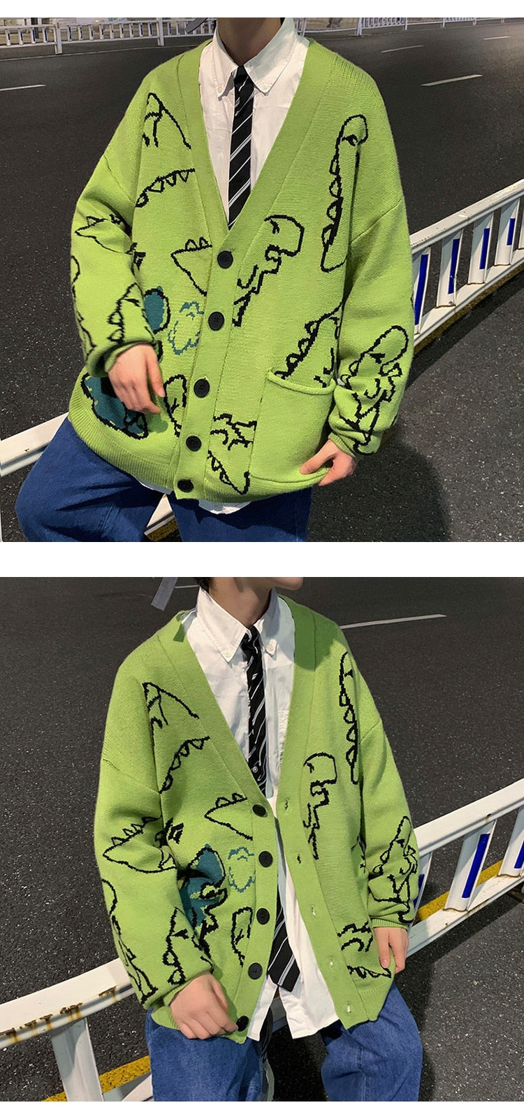 Oversized Cardigan Knitted Sweater Streetwear Loose Male Top Coat Hip Hop Sweater Cartoon Pattern Pullovers
