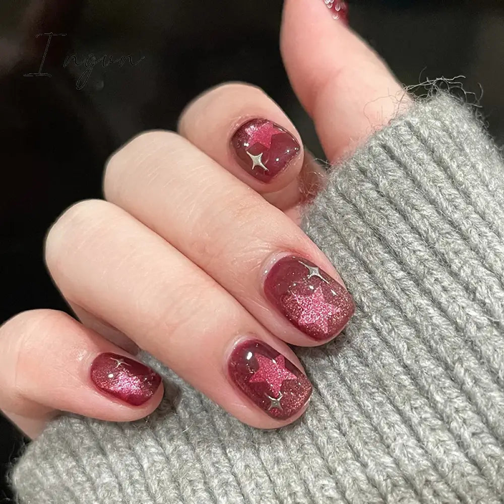 24pcs detachable cat eyes red wine false nails with glue full cover ballet square almond shiny acrylic press on fake nails tips
