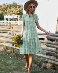 Ingvn - New Ladies Vintage Boho Summer Dress Women Midi Casual Loose Holiday Plaid Beach Shirt Dress Women Sundress Female Robe Vestidos