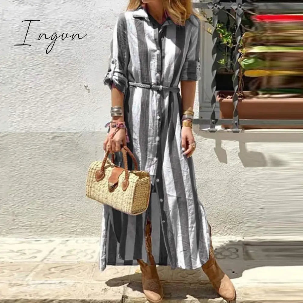 Ingvn - 2023 Fashion Trends Autumn Casual Long Sleeve Office Shirt Dress Elegant Striped Print Single-Breasted Long Dress Women Lapel Harajuku Loose Dresses