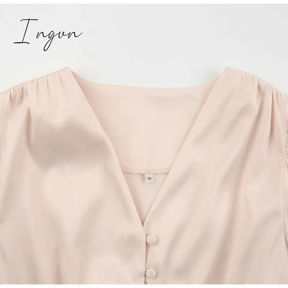 Ingvn - Elegant spring satin bishop sleeve a-line dress women V-neck high waist button dress solid Vintage long dresses chic