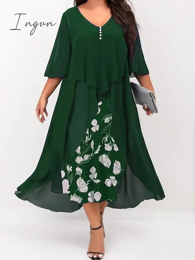 Ingvn - Women's Plus Size Curve Work Dress Floral V Neck Ruched 3/4 Length Sleeve Spring Summer Work Elegant Midi Dress  Layered Formal Vacation Dress
