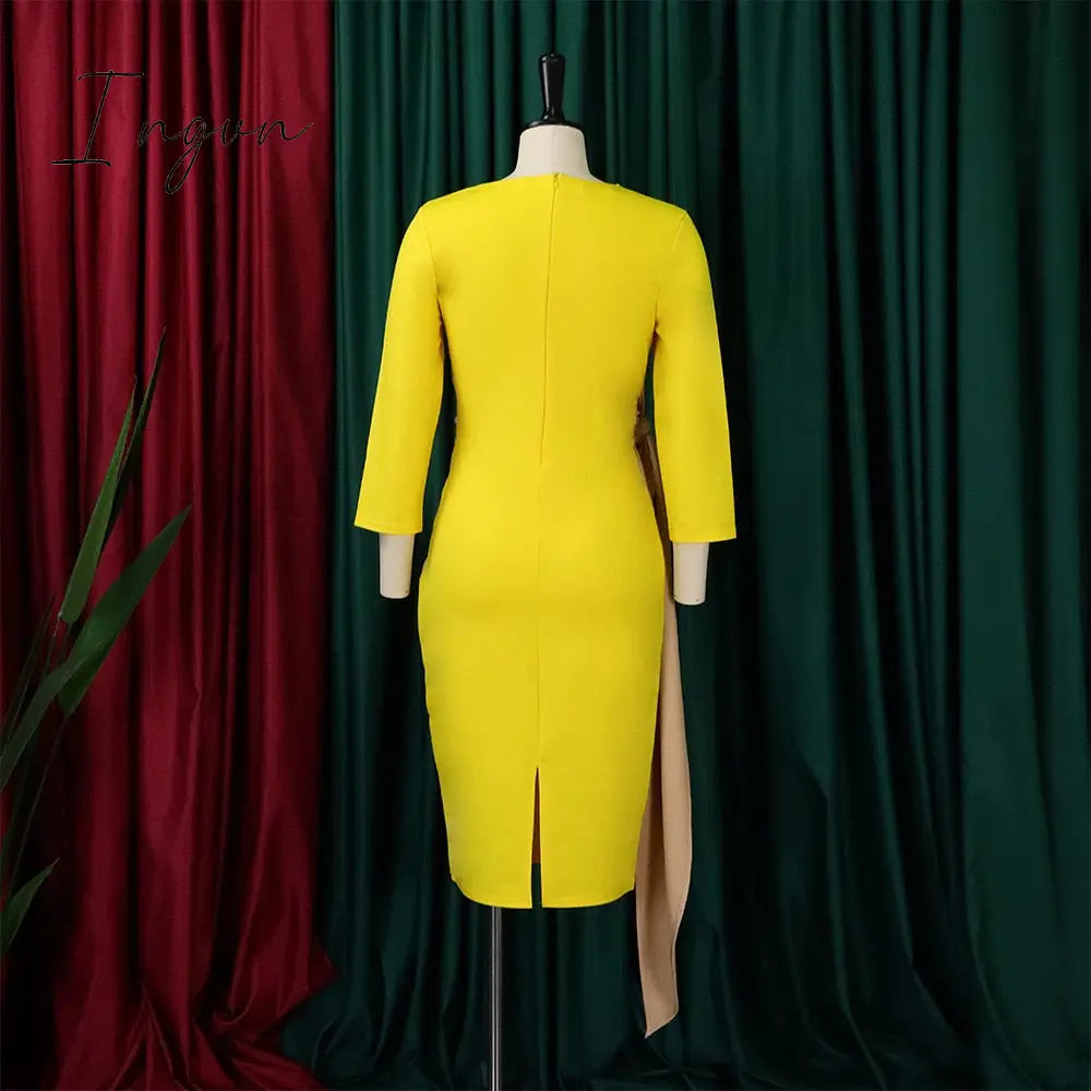 Ingvn - Autumn Fashion Elegant Colorblock Lace-Up Dress Women Office Ladies OL Colorblock Slim Dress Women