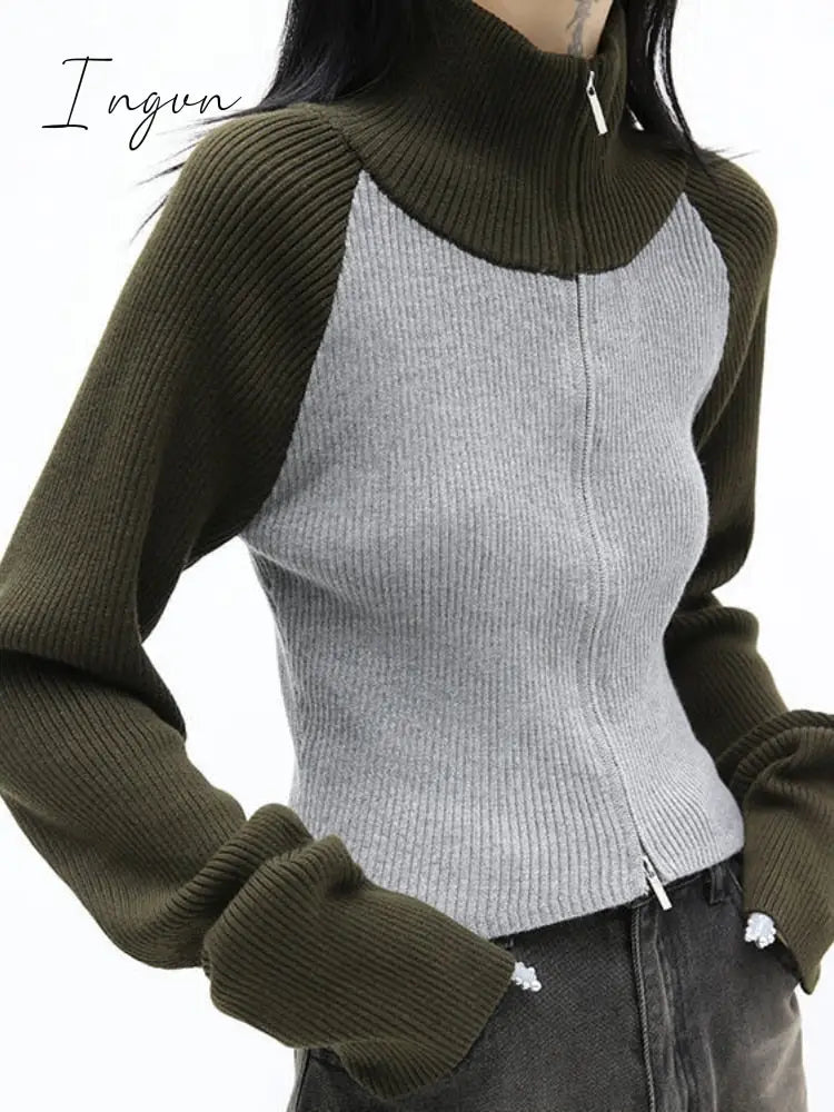 Ingvn - Cropped Cardigan Women Sweater Fashion Korean Knitwears Patchwork Turtleneck Tunic Jackets Sueter Mujer Sweaters Coat Y2k Tops