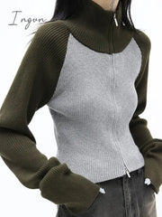 Ingvn - Cropped Cardigan Women Sweater Fashion Korean Knitwears Patchwork Turtleneck Tunic Jackets Sueter Mujer Sweaters Coat Y2k Tops