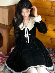 Elegant Lace Patchwork Velvet Dress Women French Style V-Neck Long Sleeve Slim A-Line Party Robe Vintage Evening Prom Vestidos