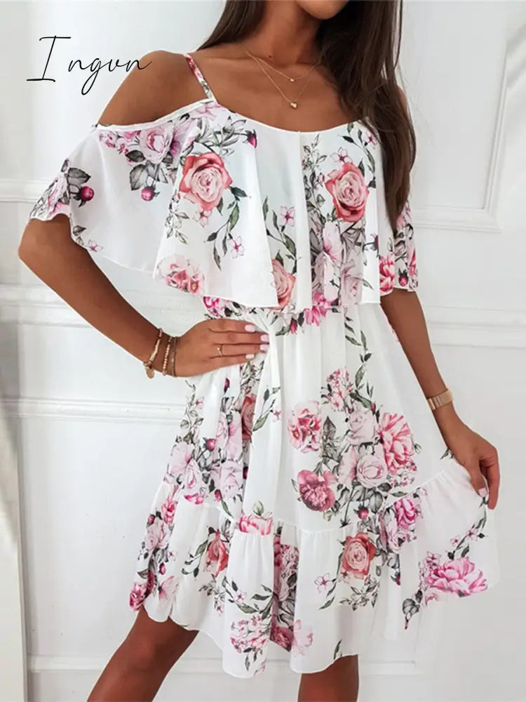 Ingvn - New Fashion Sexy Spaghetti Strap Woman Dress Summer Floral Print Off Shoulder Sundress Elegant Chiffon A-Line Beach Boho Dresses Vestidos