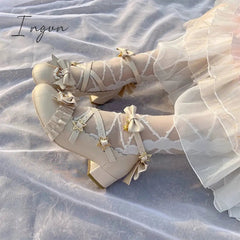 Ingvn - Sweet Lolita Shoes Vintage Round Head Middle Heel 3-5cm Women Shoes Cute Bowknot Cross Bandage Kawaii Shoes Loli  Kawaii Girl