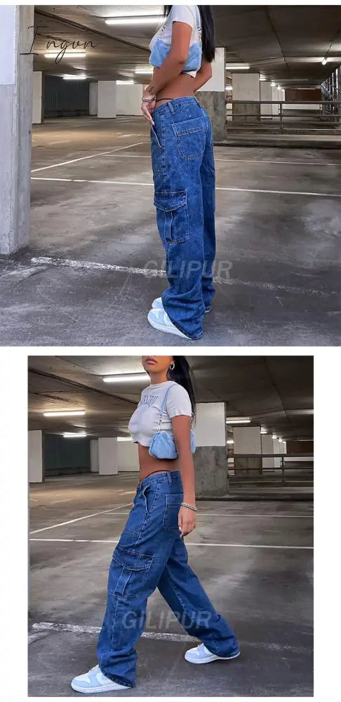 Ingvn - Y2k Cargo Pants Women's Jeans New Fashion Baggy Jeans Denim Overalls 90s Low Rise Pocket Straight Leg Trousers Streetwear
