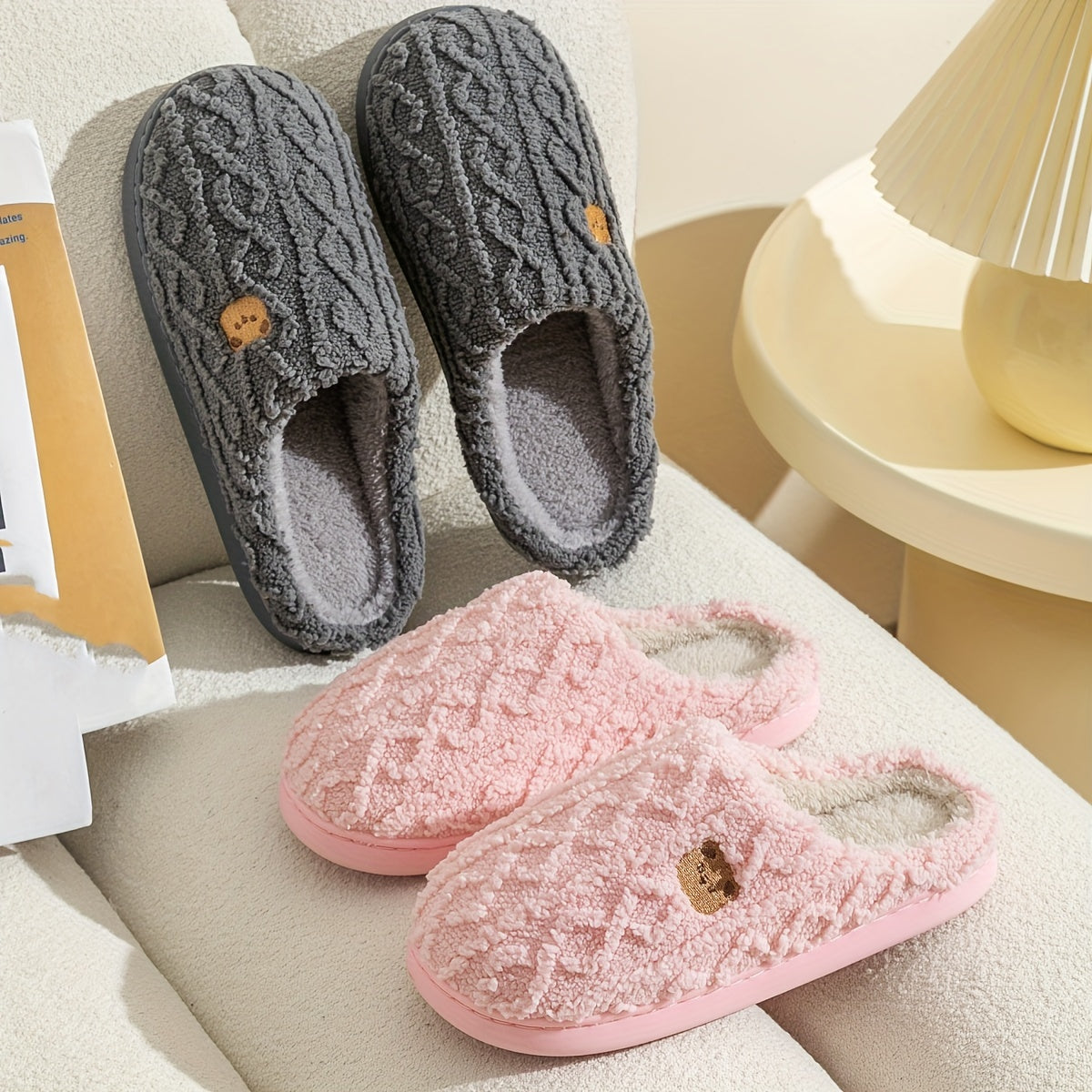 Cozy Stripe Fuzzy Slippers - Soft Fabric Upper, Non-Slip TPR Sole, Slip-On Design, Warm and Plush for Winter, Casual Stripe Pattern, Fabric Insole, Positioning Printing, All-Season Wear