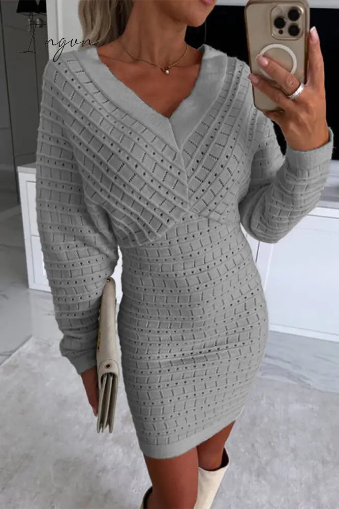 Ingvn - Celebrities Elegant Solid Hollowed Out V Neck Wrapped Skirt Dresses