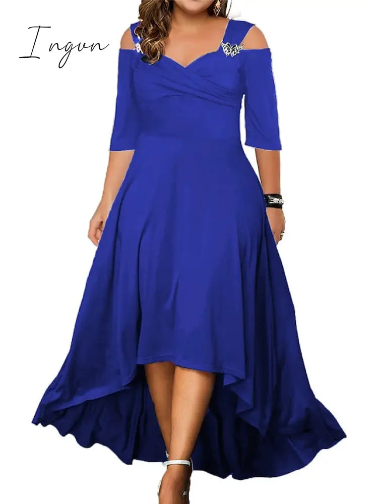 Ingvn - Women's Plus Size Party Dress Swing Dress Formal Dress Solid Color Midi Dress Half Sleeve Hollow Out Plus High Low V Neck Elegant Party Black White Summer Spring L XL XXL 3XL 4XL