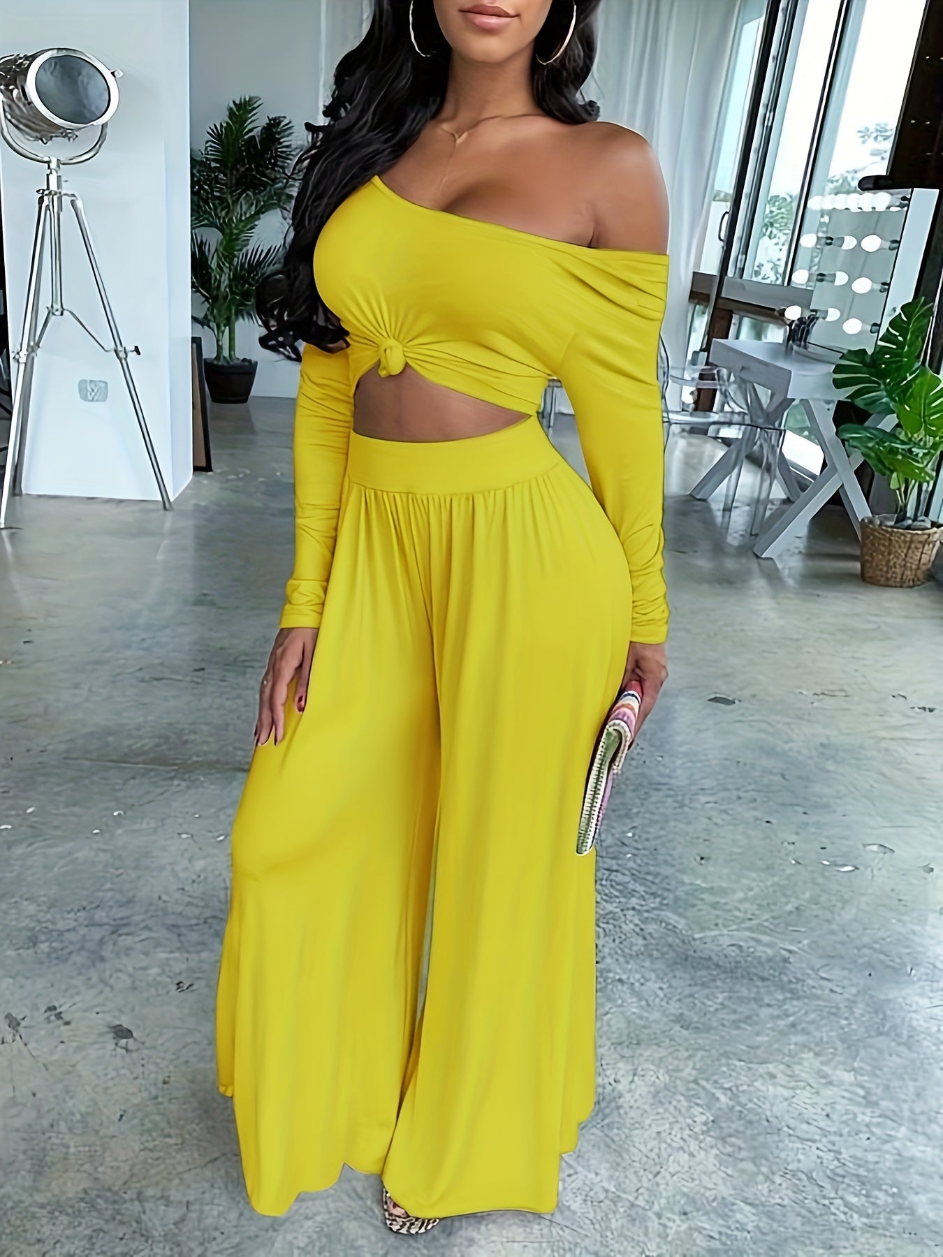 Long Sleeve Two-piece Set, Casual Solid Crop Top & Wide Leg Pants Outfits, Women's Clothing