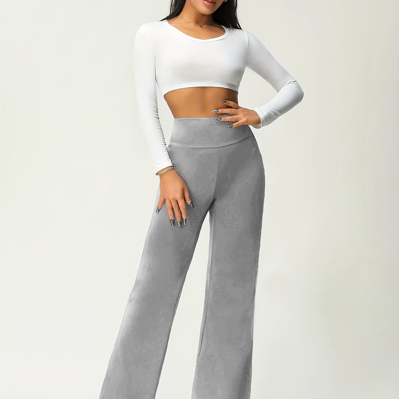 Women's Solid Flare Leg Pants, High Waist Stretchy Pants, Casual Every Day Pants, Women's Clothing