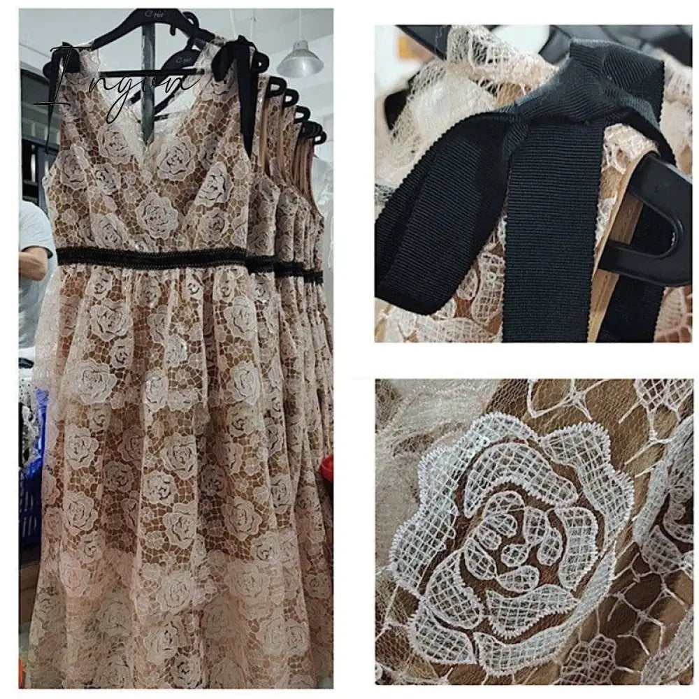 Ingvn - 2023 Summer Pink Women Lace Gauze Dress Mesh Tulle V Neck Bow Tie Rose Embroidery Midi Long Sequin Dress Evening Robe Quality