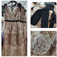 Ingvn - 2023 Summer Pink Women Lace Gauze Dress Mesh Tulle V Neck Bow Tie Rose Embroidery Midi Long Sequin Dress Evening Robe Quality
