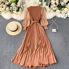 Ingvn - Vintage Women Pleated Long Dress Female Elegant Lantern Long Sleeve High Waist Red/Purple Draped Maxi Vestidos Spring Autumn New