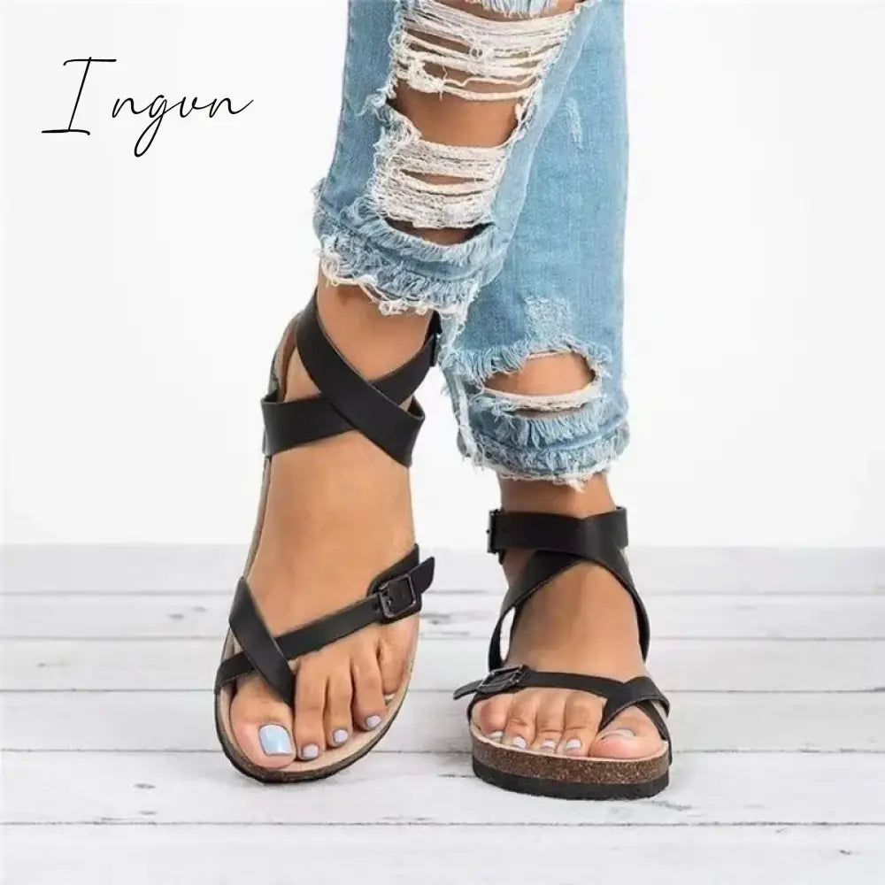 Ingvn - Women Sandals 2024 New Women Summer Sandals Plus Size 43 PU Leather Flat Sandals Female Flip Flop Casual Beach Shoes Ladies