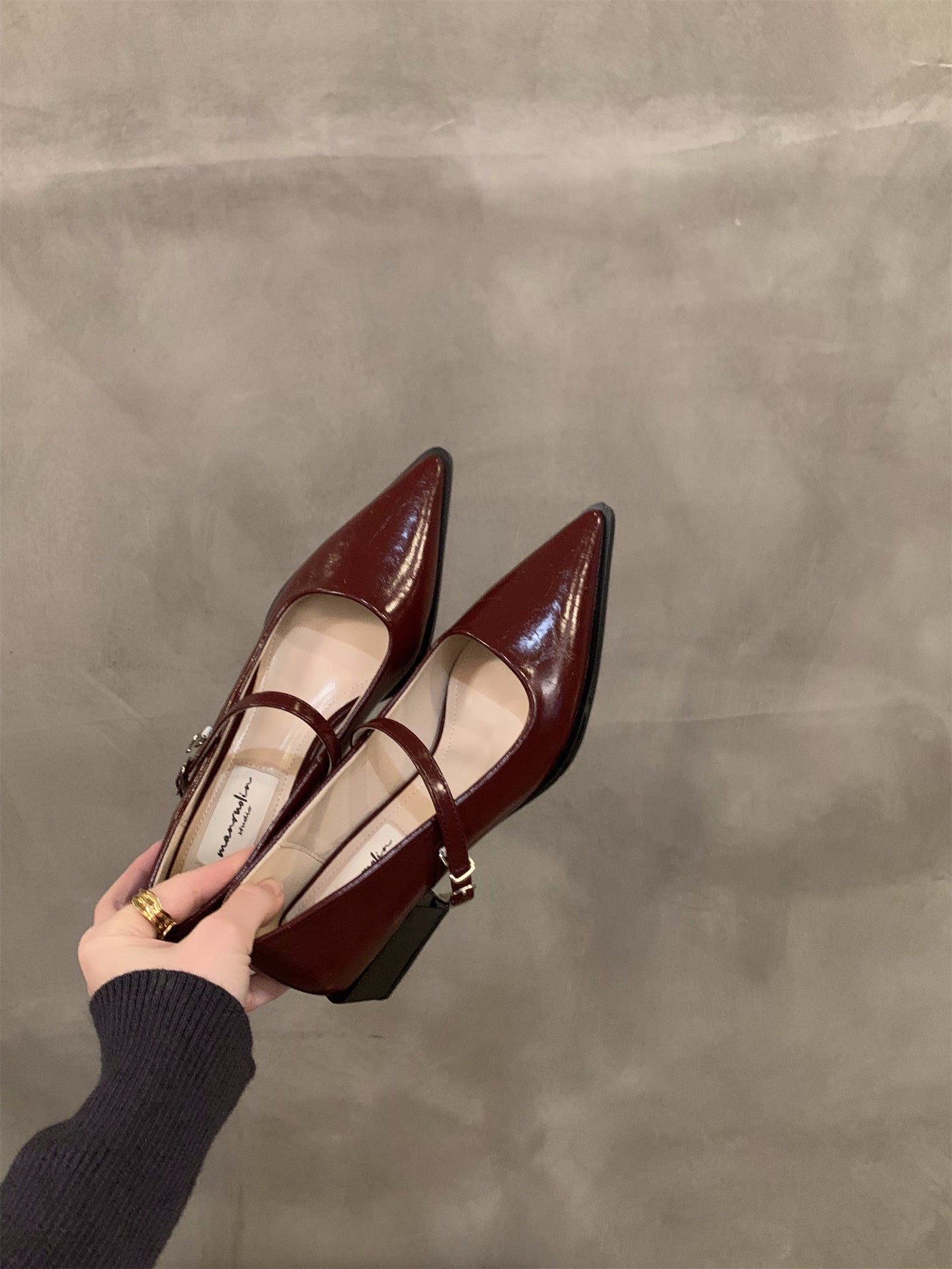 Pointed Elegant Red Mary Jane Single-layer Shoes Women's Shoes New Spring Autumn and Winter Mid-high Heel French Evening Shoes