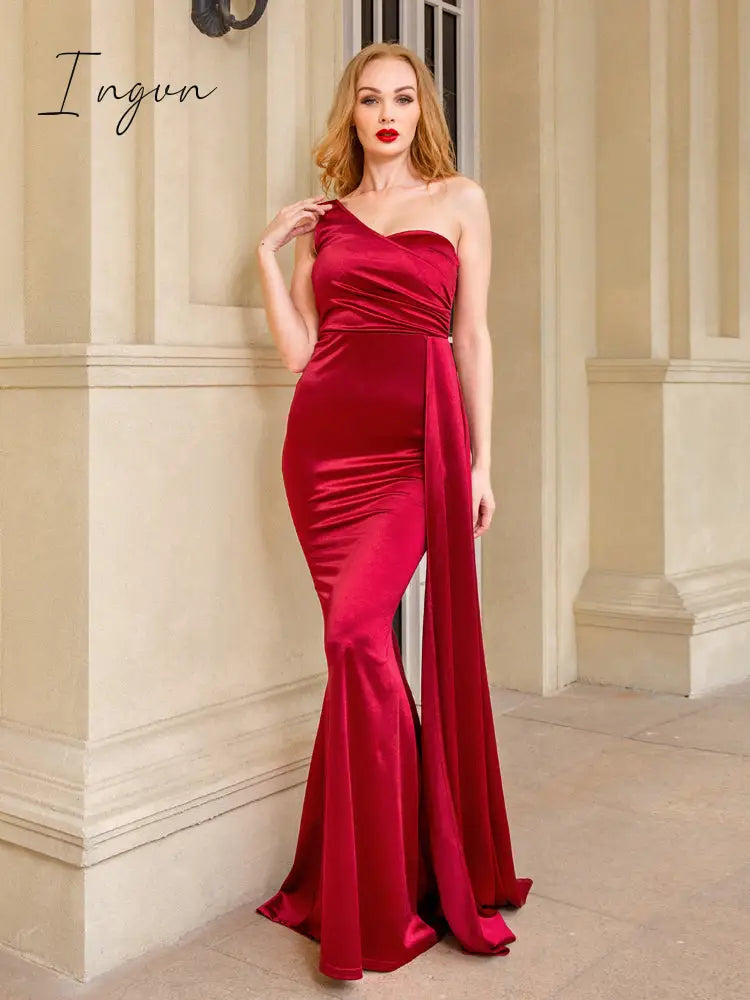 Ingvn - One Shoulder Padded Sexy Satin Maxi Dress Women's Evening Party Dress Gown with Ribbon Royal Blue Green Draped Long Dress