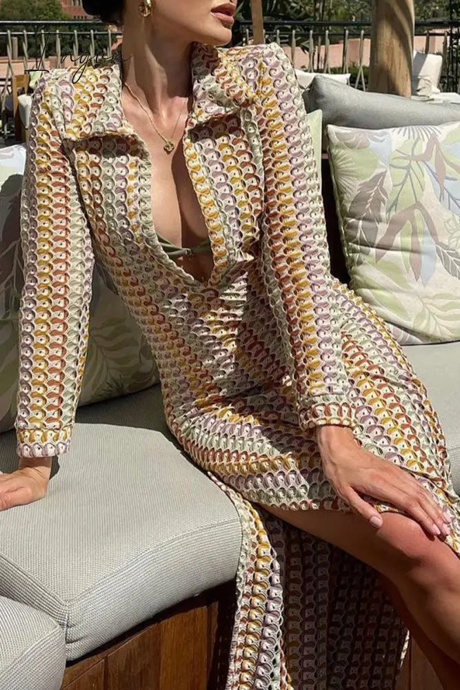 Ingvn - Sexy Street Color Block Slit Weave V Neck Long Sleeve Dresses