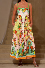 Casual Mixed Printing Contrast Square Collar Sling Dresses