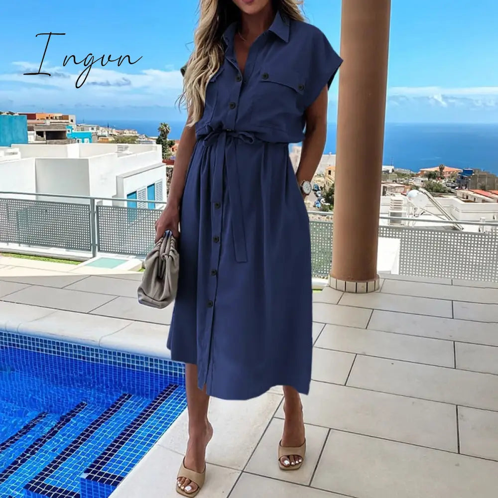 Ingvn - Summer Sundress Women Elegant Dress Plus Size Short Sleeve Casual Loose Buttons High Waist Work Midi Vestidos Robe