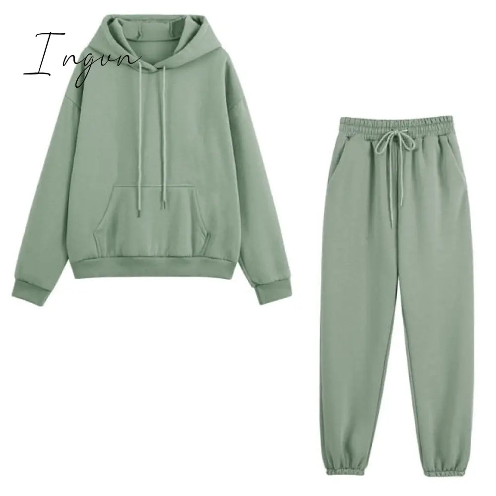 Ingvn - Fleece Tracksuits Women Two Pieces Set Hooded Oversized Sweatshirt Pants Solid Color Hoodie Suits Autumn Winter Casual Outfits