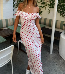 Polka Dot White Dress RUFFLES U-Neck Maxi Dress Female Sexy Sheer Lace-up Long Dress Spring Summer New Partywear
