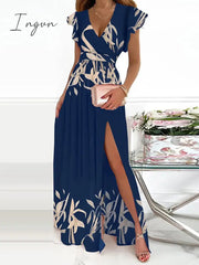 Ingvn - Female Short Butterfly Sleeve Split Fork Party Dress Solid Slim V Neck High Waist Dress Women Casual Summer Maxi Dress Vestidos