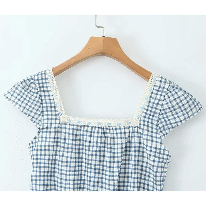 Women Casual Vintage Plaid Dress Elegant Square Neck Short Sleeve A-line Summer Long Dress Vacation Maxi Robe