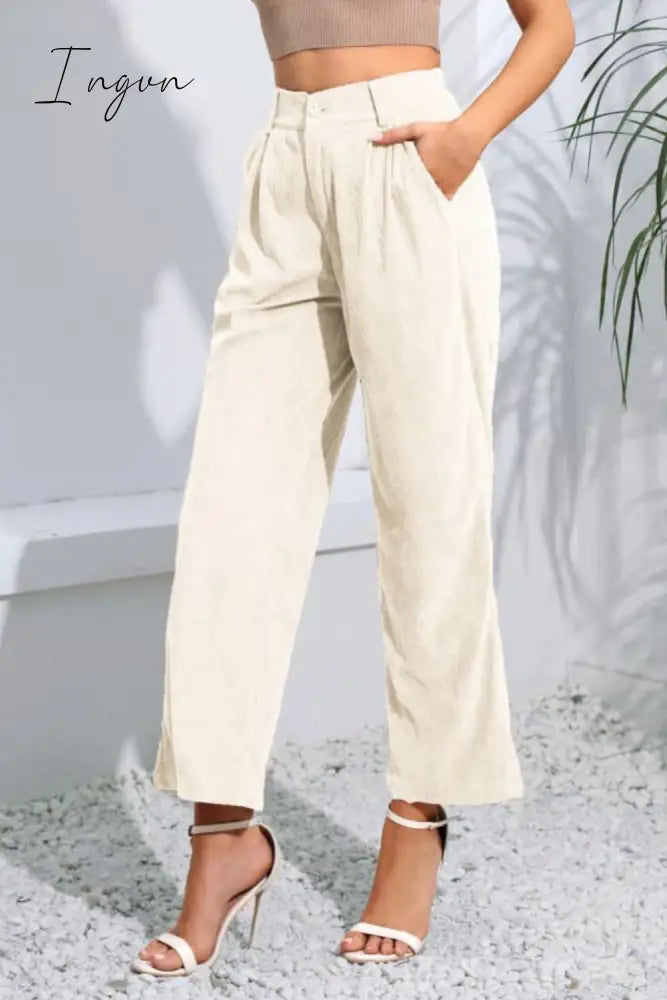 Ingvn - Buttoned  Straight Hem Long Pants