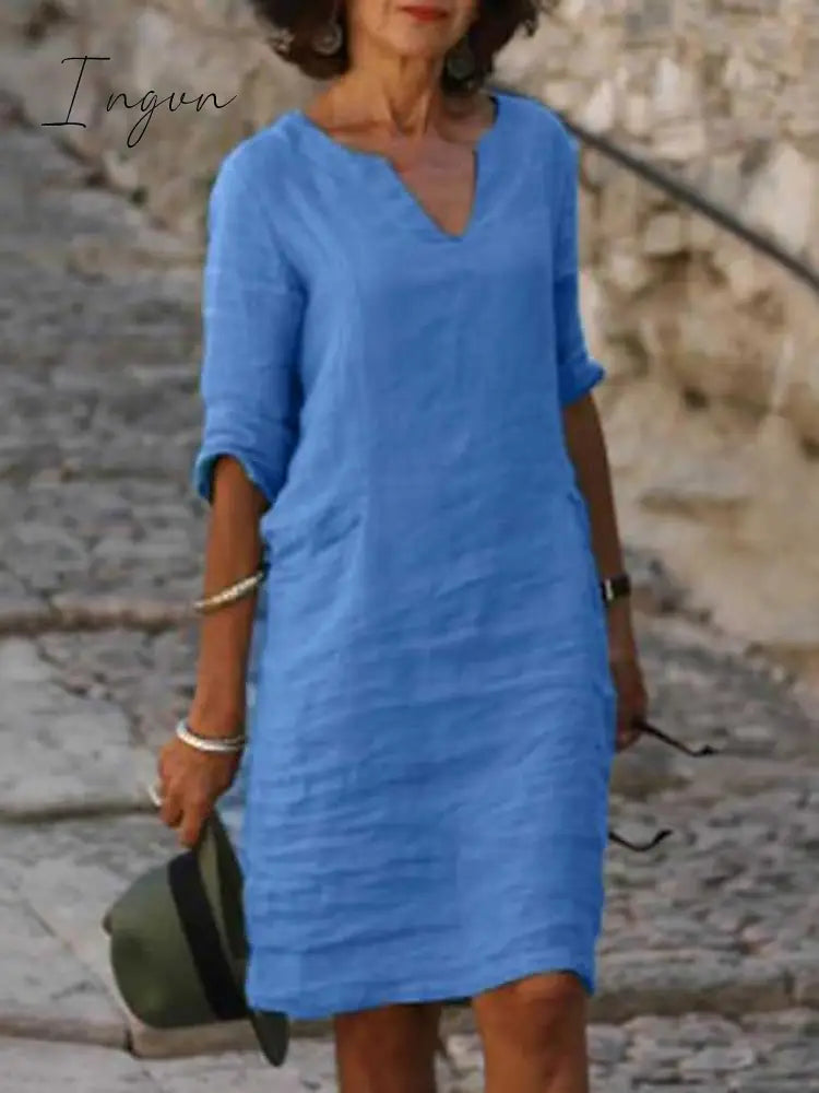 Ingvn - Women‘s Shift Dress Knee Length Dress Green Blue Pink Yellow Half Sleeve Pure Color Patchwork Spring Summer V Neck Basic Casual 2023 S M L XL XXL 3XL 4XL 5XL