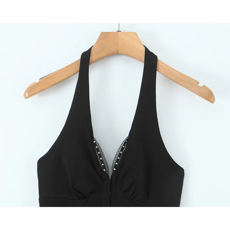 French Style Retro Spicy Girl Halter Mini Black Dress Women Fashion Backless Lace Spliced Bow Sexy Dresses Summer Robe