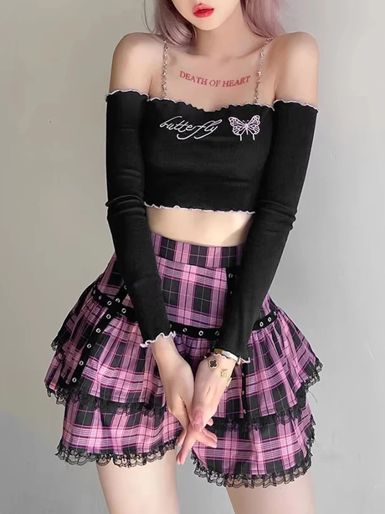 Mall Goth Gothic Lace Ruffle Mini Skirts Womens Harajuku Fairy Grunge Pink Plaid Pleated Skirt Japanese Lolita Streetwear