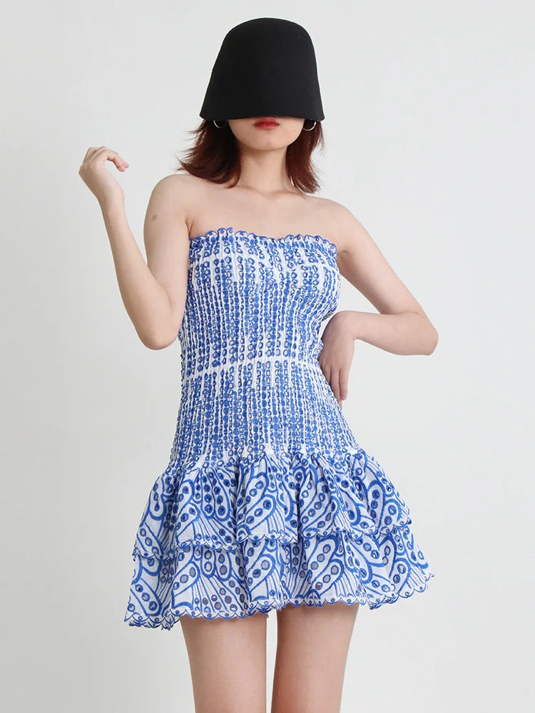 Cut Out Layered Hem Sexy Dress For Women Strapless Sleeveless Off Shoulder High Waist Mini Dresses Female Clothing