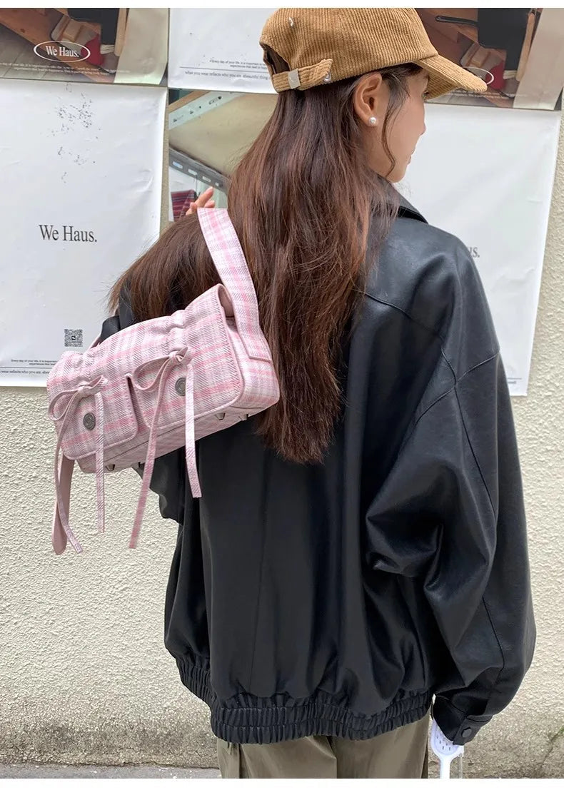 INGVN   Plaid Pink Women Shoulder Bag Pleated Casual Sweet Cute New Fashion Leather Handbag Literary Exquisite Designer Armpit Bag