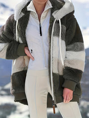 Fuzzy Color Block Coat, Casual Hooded Zip Up Drawstring Long Sleeve Outerwear, Women's Clothing