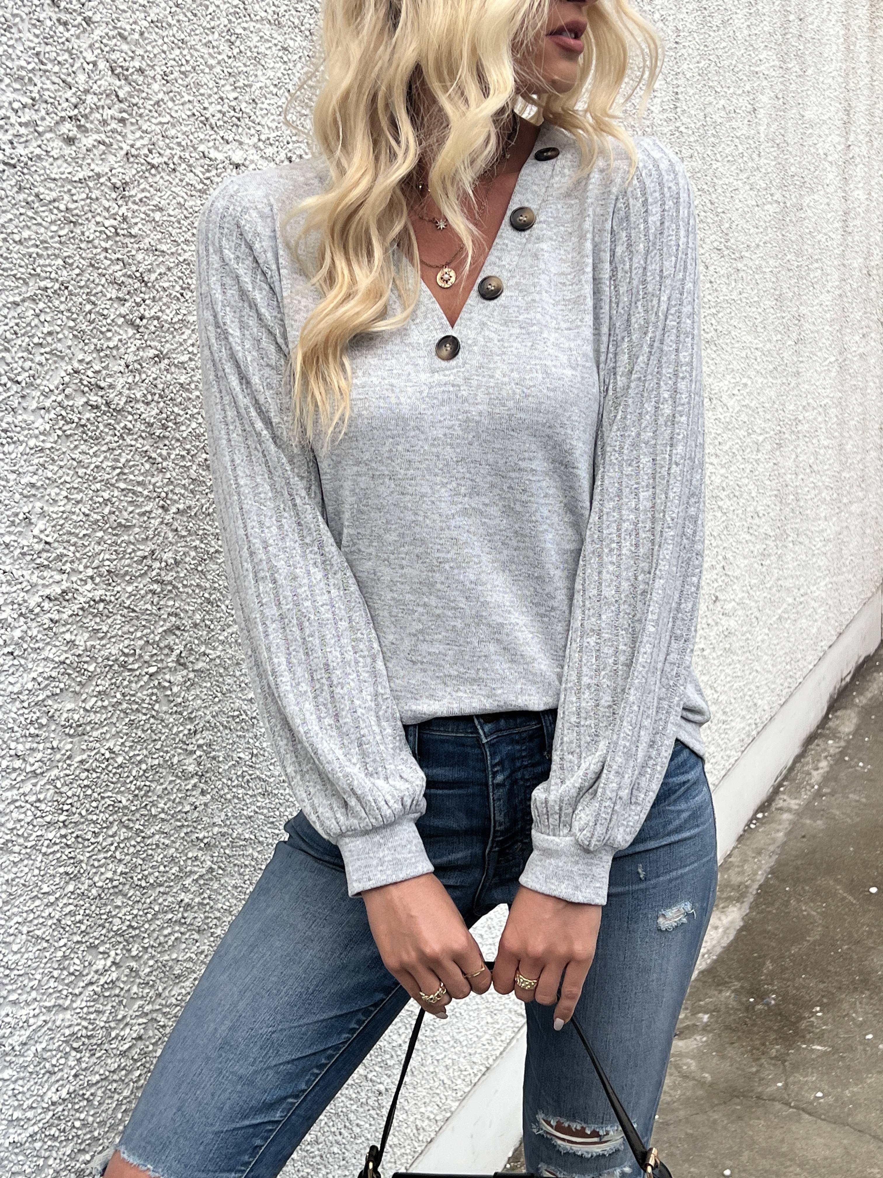 Stylish V Neck Long Sleeve Ribbed T-shirt - Women's Elegant Daily T-Shirts with Buttons - Soft, Breathable, and Comfortable Clothing for Everyday Wear