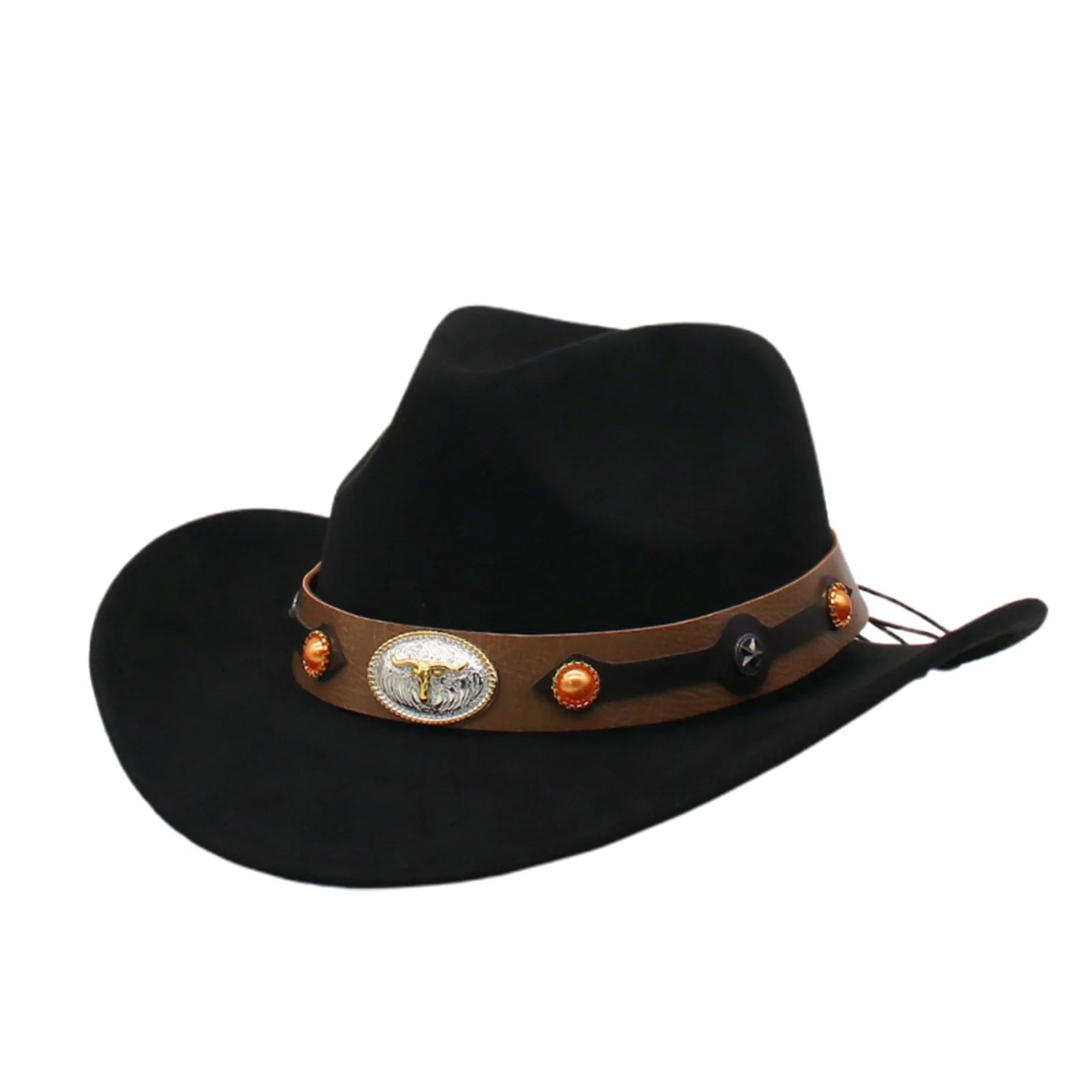 Women Men Cowgirl Hat Wide Brim Bull Head Belt Western Panama Jazz Hat for Wedding Rave Party Travel Accessories