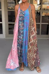 Casual Vintage Mixed Printing Contrast V Neck Printed Dresses