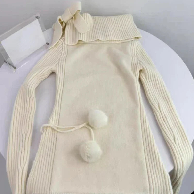 Voguable Autumn Winter Woman Kawaii Sweet 2 Piece Set Off Shoulder Bow Knitted Tops + Mini Cake Skirt Female Korean Fashion Casual Suits