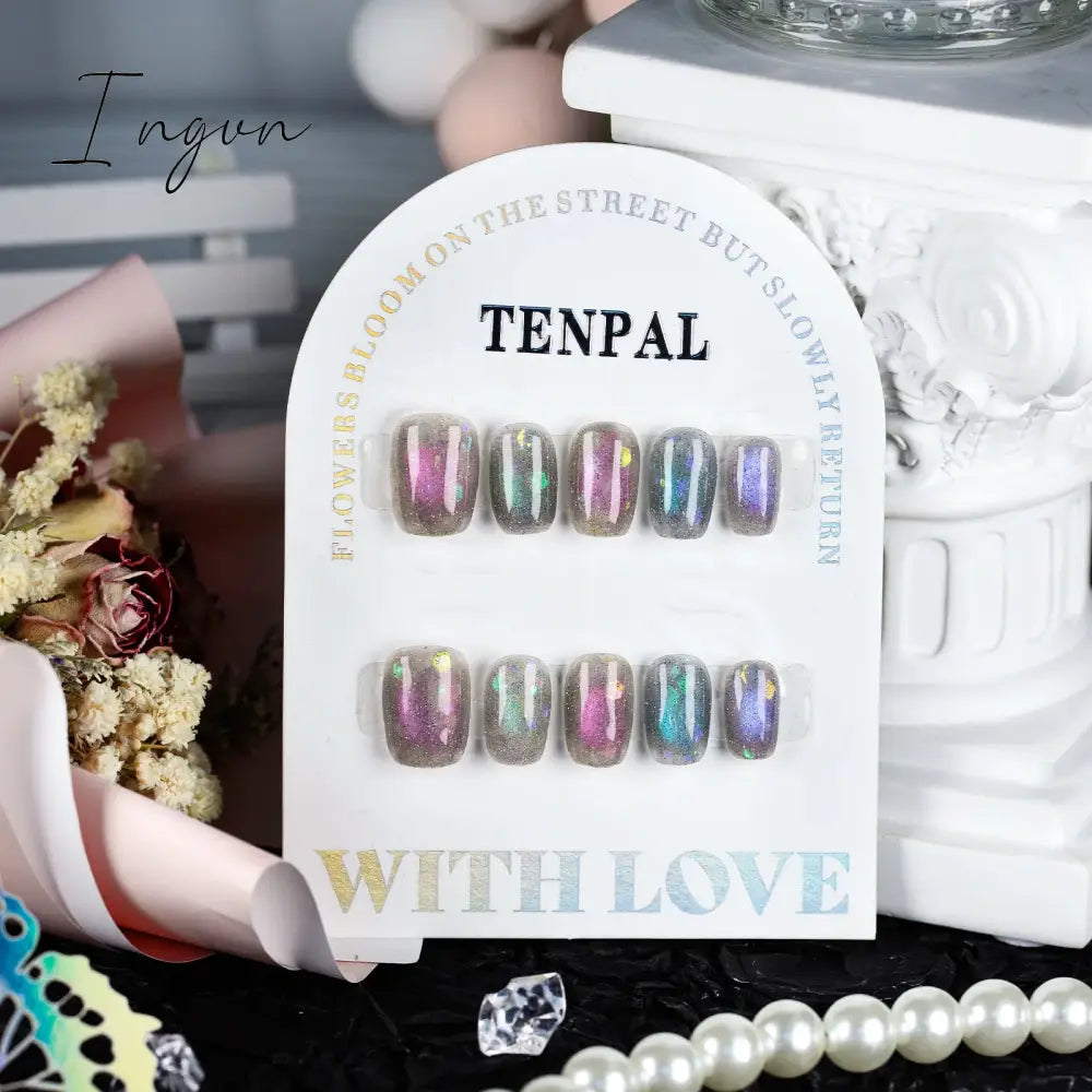 10Pcs Short Handmade Press on Nails Aurora Borealis Colours Ballet Wearable False Nails Decoration Full Cover Nail Tips Art