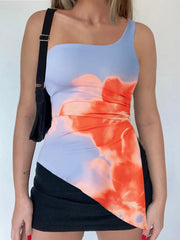 Ingvn  Woman Clothes Diagonal Collar Sleeveless T-shirt Y2K Streetwear Floral Print Irregular Tank Tops Female Backless Blue Camisoles