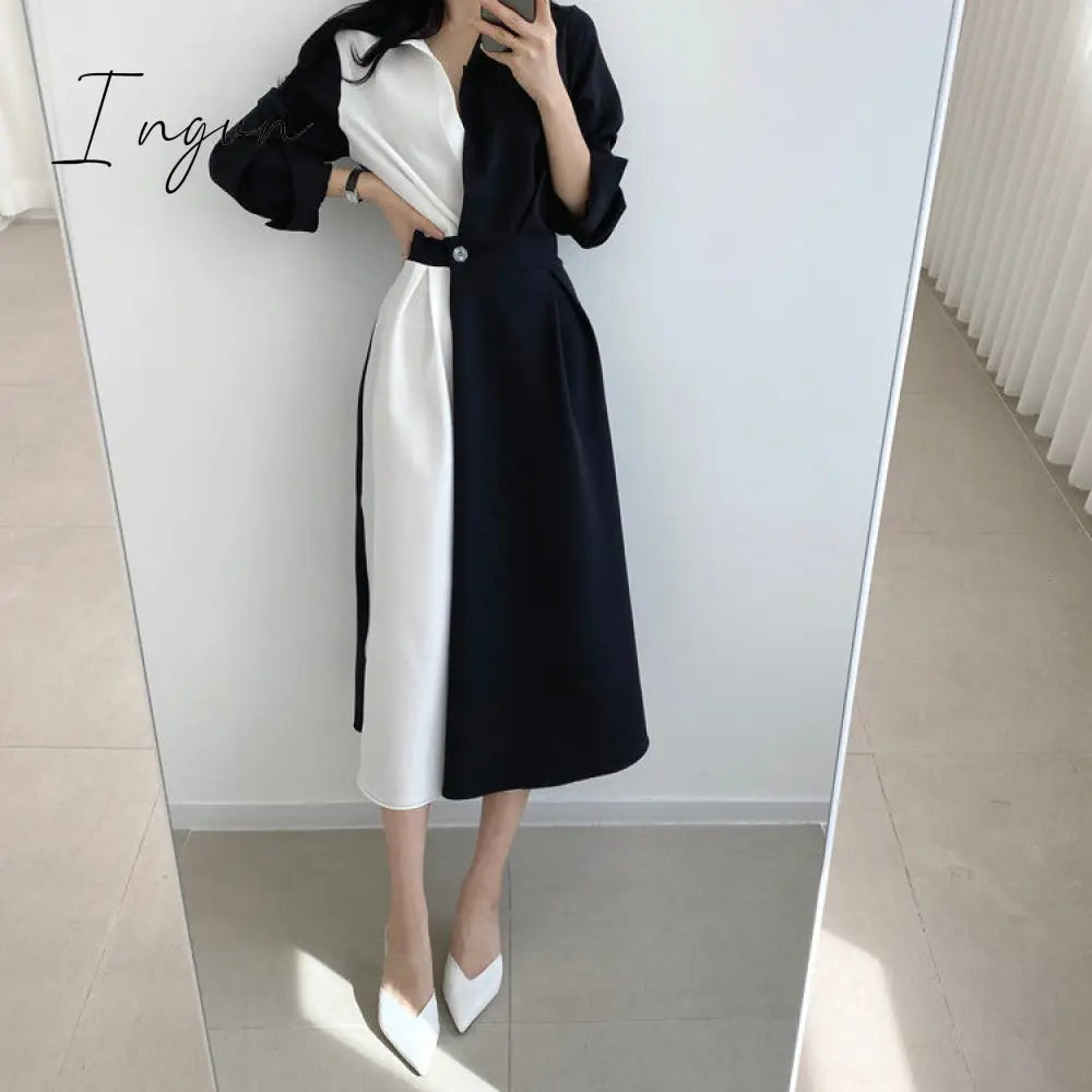 Ingvn - Spring Autumn Retro Temperament Contrast Color Lapel Long-Sleeved Shirt Female Midi Dress Korean Elegant Fashion Slim Chic Dress